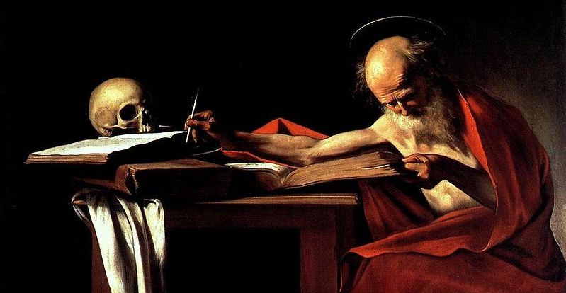 Översättarmöda. Caravaggios bild av bibelöversättaren Sankt Hieronymus (här något beskuren)