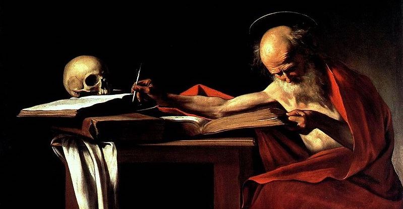 Översättarmöda. Caravaggios bild av bibelöversättaren Sankt Hieronymus (här något beskuren)
