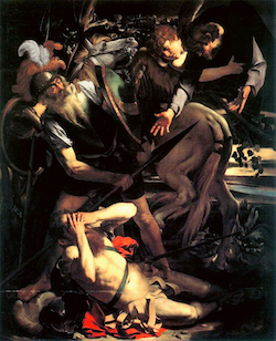 Caravaggios första, sedan ersatta version av Paulus omvändelse, har klara likheter med Michelangelo