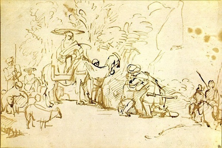 Rembrandt - Jacob och Esau försonas. "Men Esau skyndade emot honom och tog honom i famn. Han föll honom om halsen och kysste honom. Och de grät"