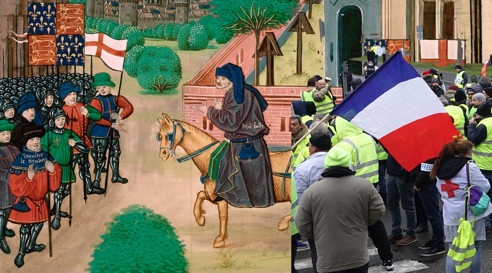 Medeltida illustration som visar John Ball med Wat Tylers rebeller och Gilets jaunes (båda Wikipedia)